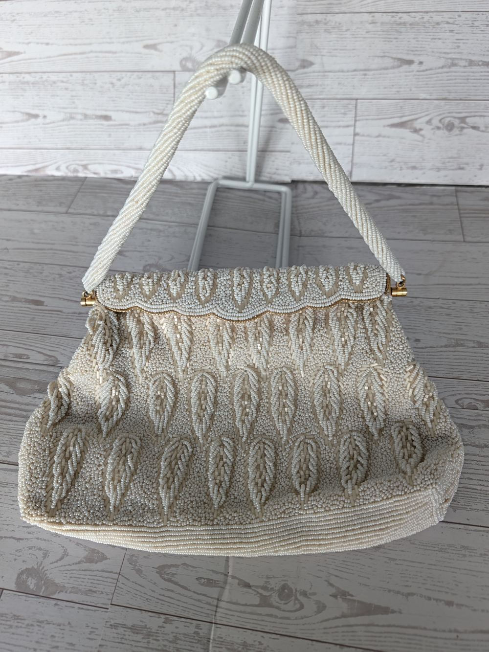 Vintage 1950s Hand Beaded Leaf Clutch Purse Bag Cream White Handmade Hong Kong